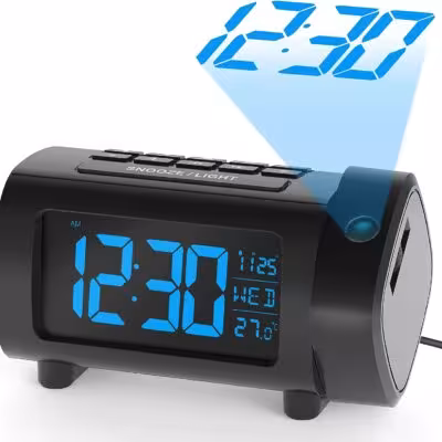 Sveglia proiettile a 180° con radio, funzione snooze, ricarica USB e display digitale per la camera da letto