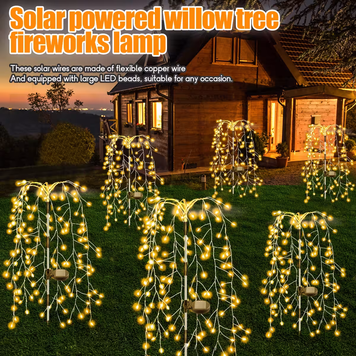 200/120 LED saulės energijos lauko fejerverkų dekoracinė girlianda, vandeniui atspari, lempa kiemams ir sodams