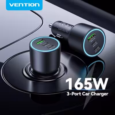 Chargeur de voiture Vention 165W USB-C, 3 ports, PD QC4.0, pour Samsung S25, iPhone 17, MacBook, avec LED