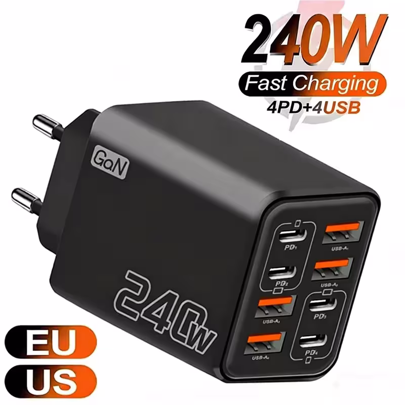Chargeur USB C GaN 240W 8 en 1, adaptateur secteur rapide pour téléphones iPhone, Samsung, Xiaomi, prise UE/US