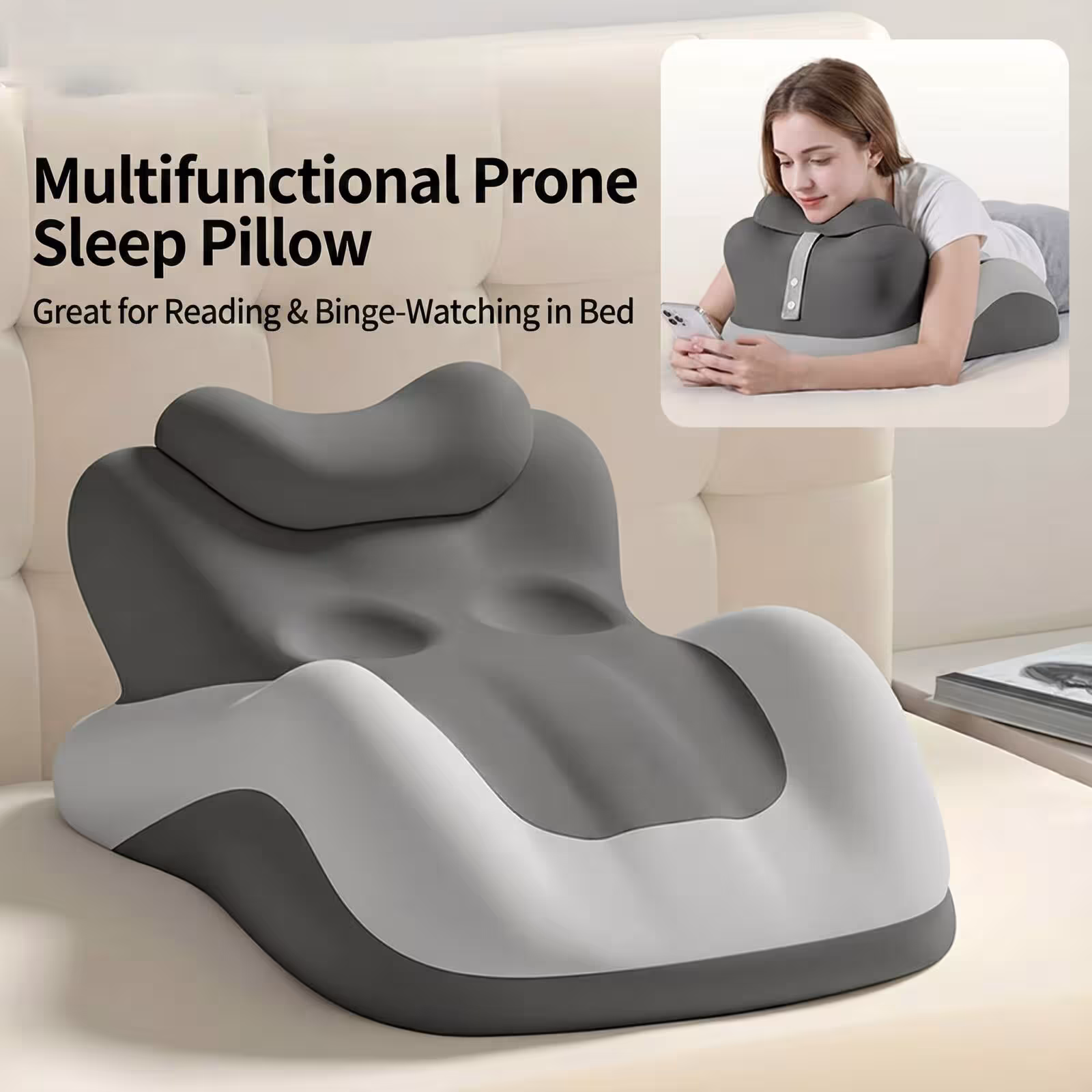 Adjustable ergonomic wedge-shaped pillow for comfortable phone use and gaming while lying in bed with contoured support.