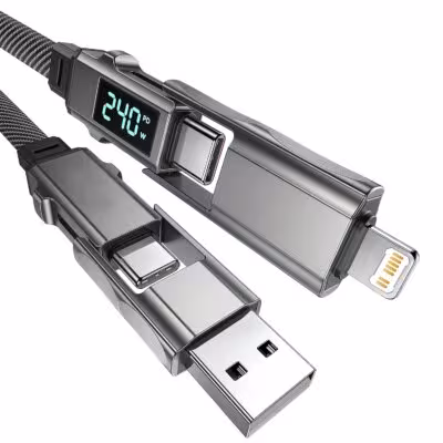 Cable de carga USB Type C digital 4 en 1 PD de 240W con pantalla para iPhone, Samsung, Xiaomi