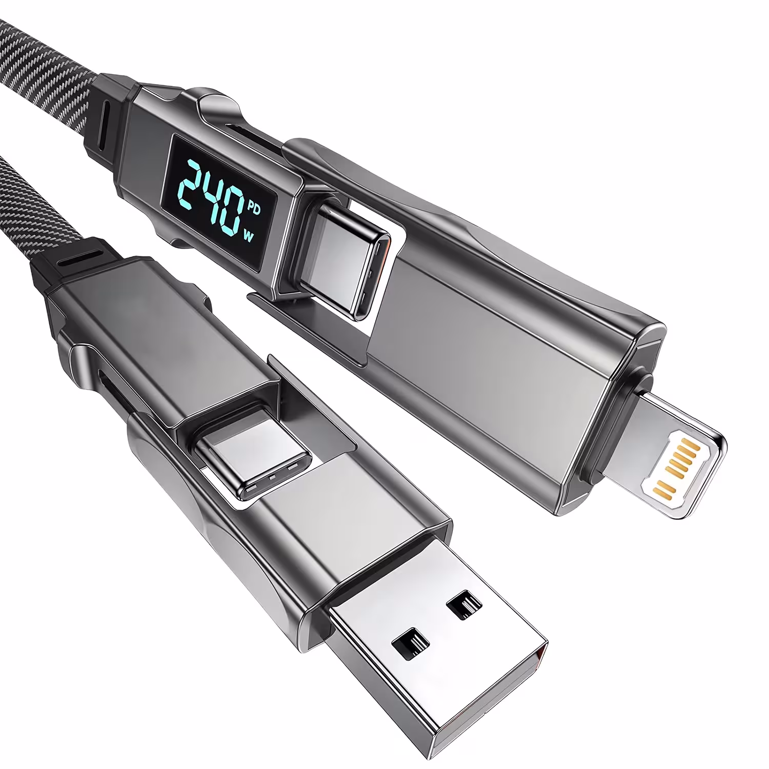 Cable de carga USB Type C digital 4 en 1 PD de 240W con pantalla para iPhone, Samsung, Xiaomi