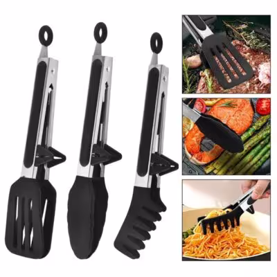 Set di pinze da cucina in silicone, 3 pezzi, acciaio inossidabile, antiscivolo, ideali per alimenti, barbecue e insalate