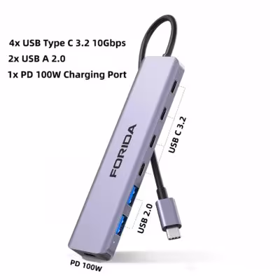 Adaptateur USB-C FORIDA 10Gbps avec HDMI, charge PD 100W, connecteur USB 3.2 Gen2 pour ordinateurs et MacBook