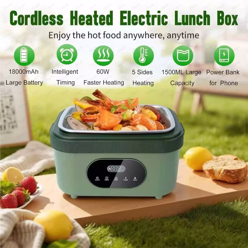Boîte de déjeuner sans fil chauffante Gison 1.5L avec batterie 18000mAh, écran LED et puissance de 60W pour le travail et les voyages
