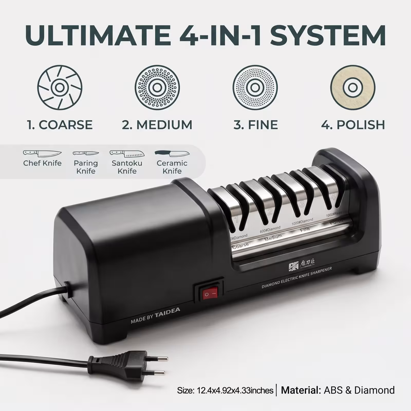 TG2102 electric knife sharpener with 4 sharpening stages – 20° angle, sharpens and polishes