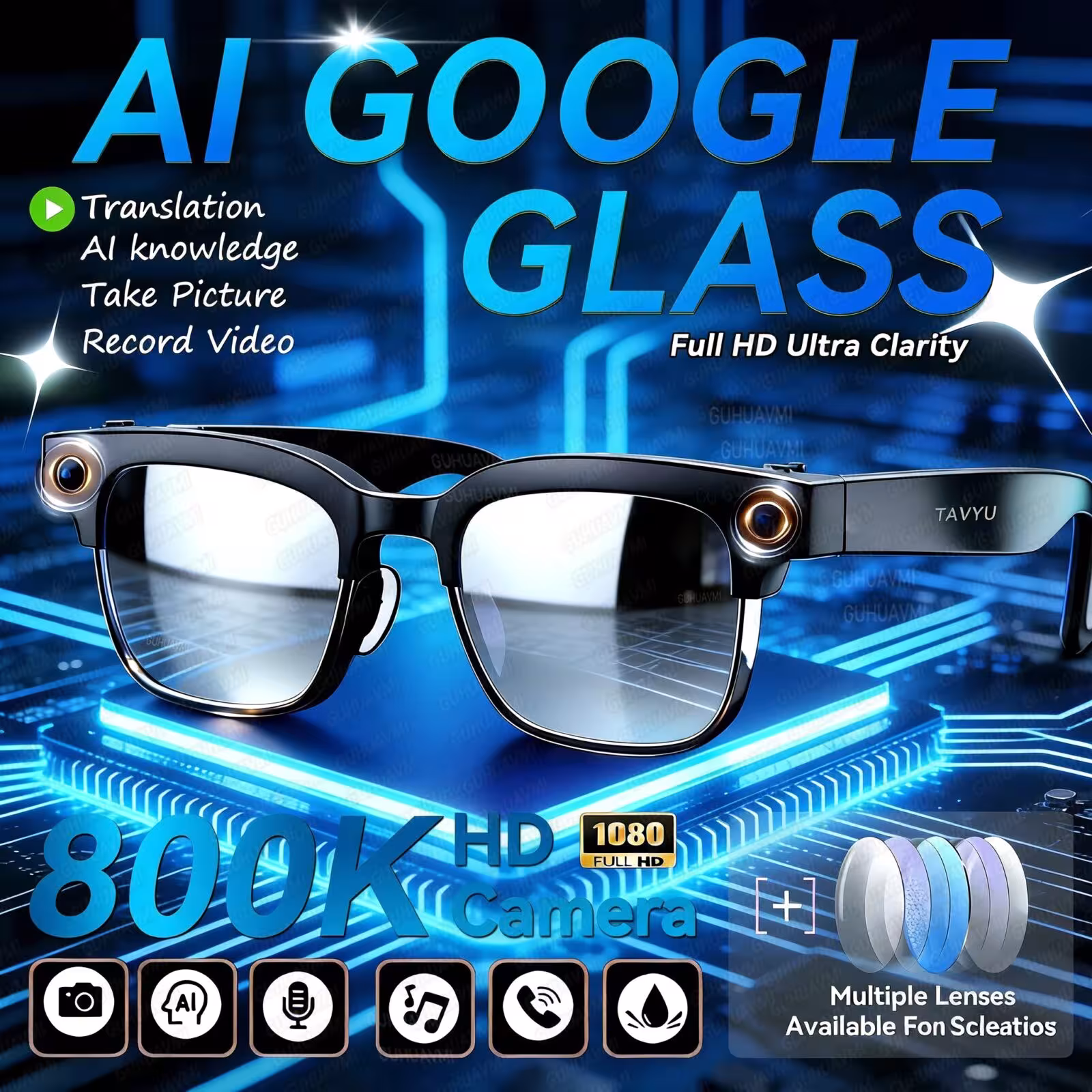 Lunettes intelligentes IA de 2026 avec une caméra HD de 8 mégapixels, transmission WiFi, appels et musique.