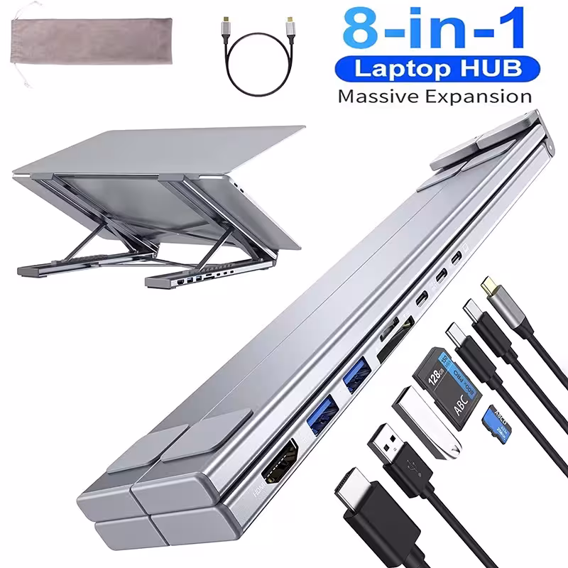 8-in-1 USB-C docking station for laptop with stand, 4K HDMI and card reader