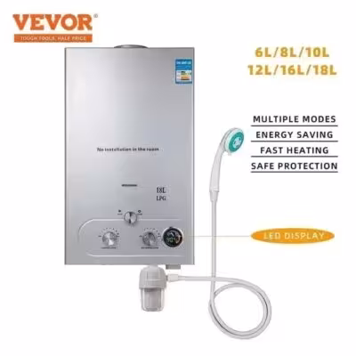 VVOR LPG Gas-Warmwasserbereiter 6-18L / min mit LED-Bildschirm, Wandmontage und 6 Schutz
