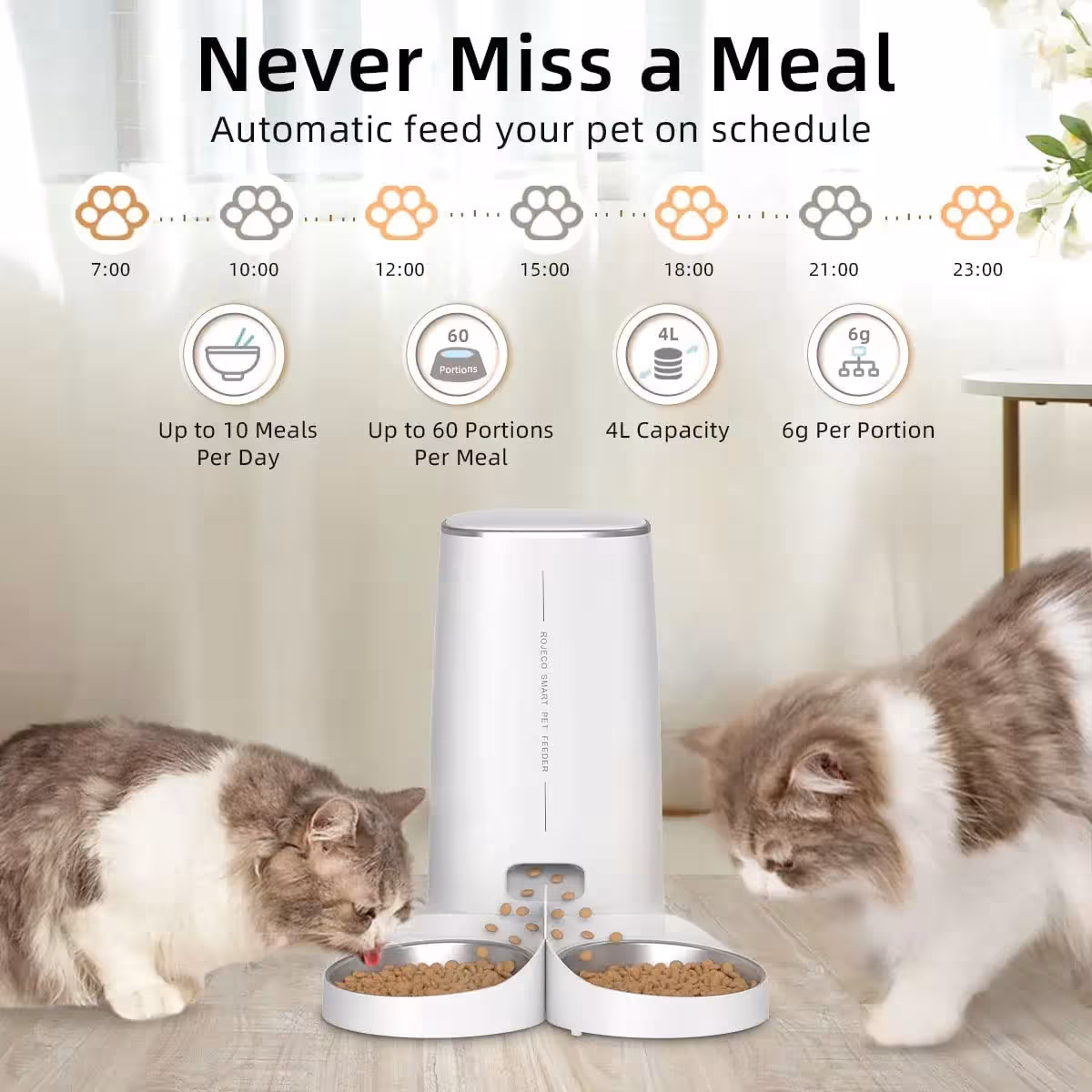 Distributore automatico Wi-Fi ROJECO da 4L per gatti e cani, con controllo remoto, app e contenitore per cibo