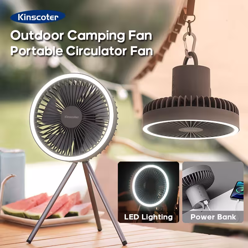 Ventilador de camping recargable con luces LED, batería de 10000 mAh o 4000 mAh, se monta en mesas y techos.