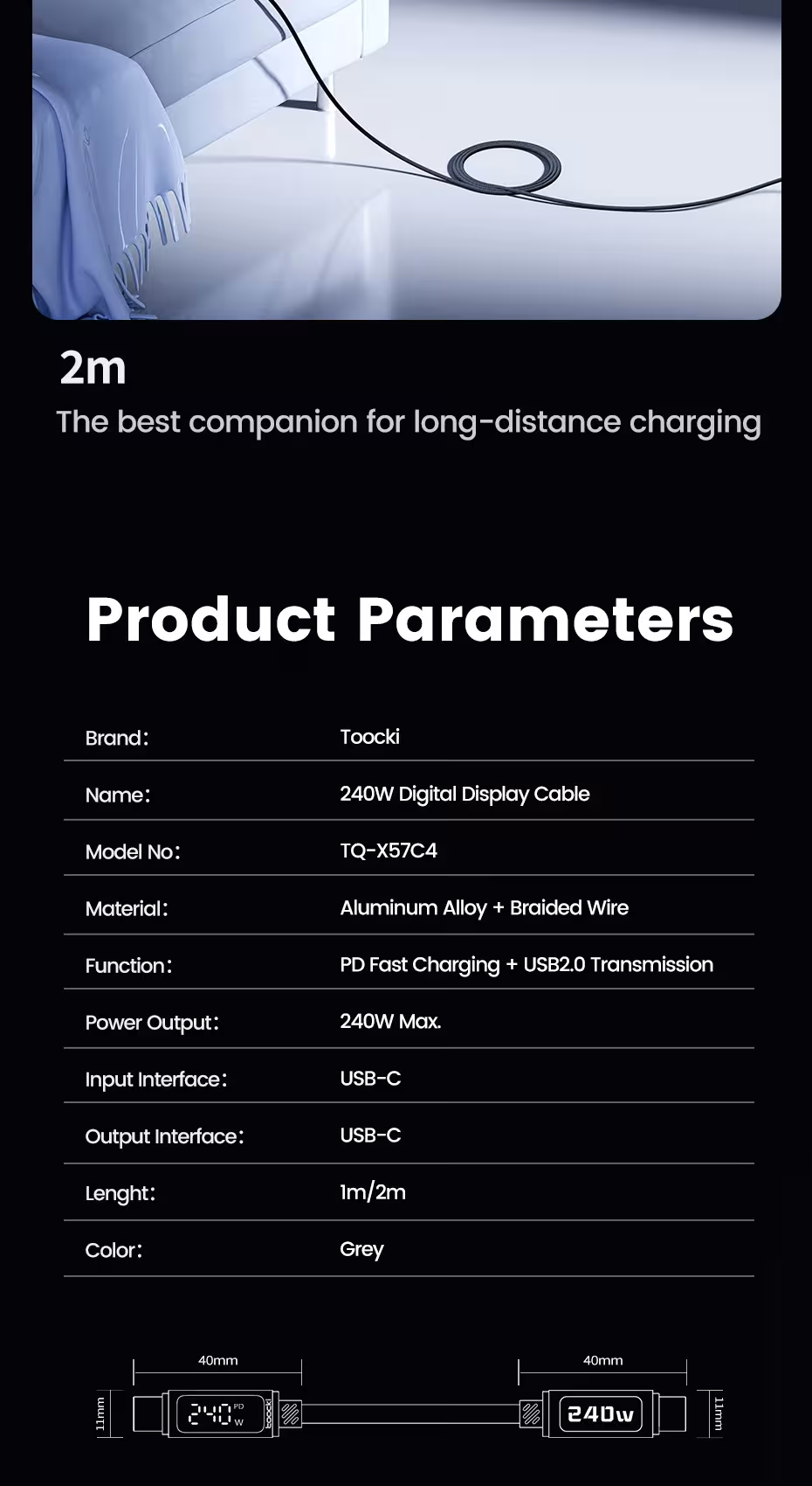 USB C kabelis 240W