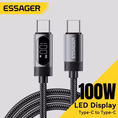 Câble USB-C vers USB-C d'Essager avec écran numérique pour une charge rapide PD, compatible iPhone, Xiaomi, MacBook, iPad.