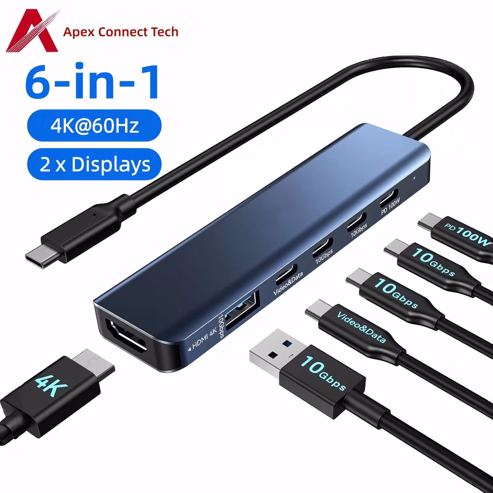 Station d'accueil USB-C 6 en 1 HDMI 4K 60Hz 100W PD adaptateur USB pour ordinateur portable MacBook.