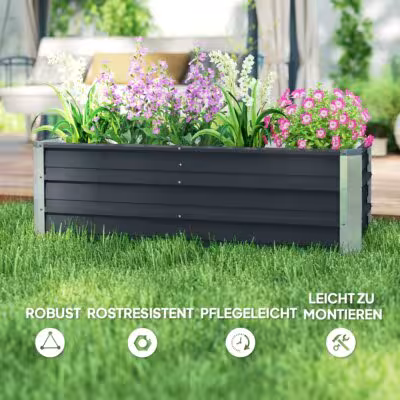 Ampia fioriera rialzata in acciaio zincato senza fondo, resistente agli agenti atmosferici, ideale per coltivare piantine di verdure, erbe aromatiche e fiori, 125x47x40cm