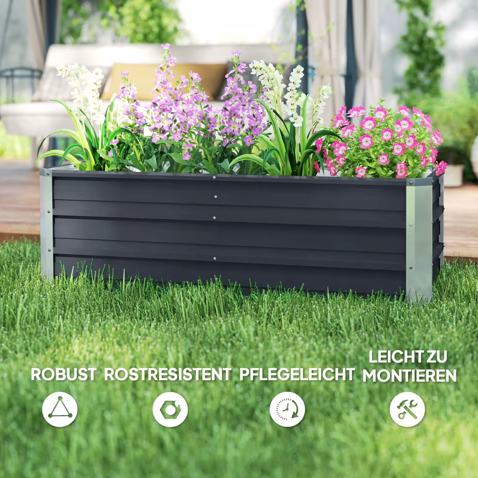 Ampia fioriera rialzata in acciaio zincato senza fondo, resistente agli agenti atmosferici, ideale per coltivare piantine di verdure, erbe aromatiche e fiori, 125x47x40cm