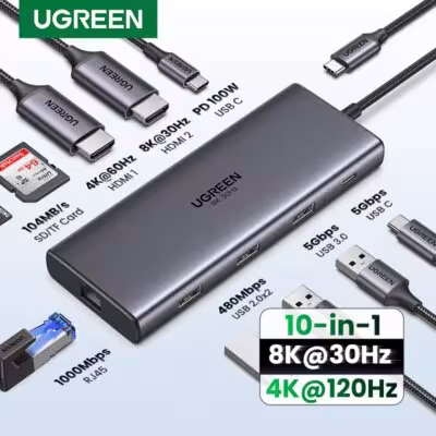 Adattatore USB-C UGREEN con 10 porte, inclusi due HDMI (8K/4K), RJ45, PD 100W e USB 3.0, ideale per MacBook.