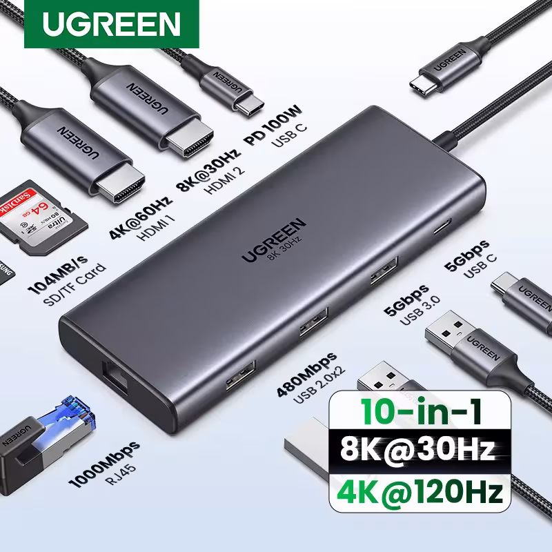 Hub USB-C UGREEN avec 10 ports comprenant deux HDMI (8K/4K), RJ45, PD 100W et USB 3.0 pour ordinateurs MacBook