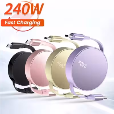 Câble USB C rétractable 240W avec charge rapide PD, compatible iPhone 16, Xiaomi, Huawei, MacBook et iPad