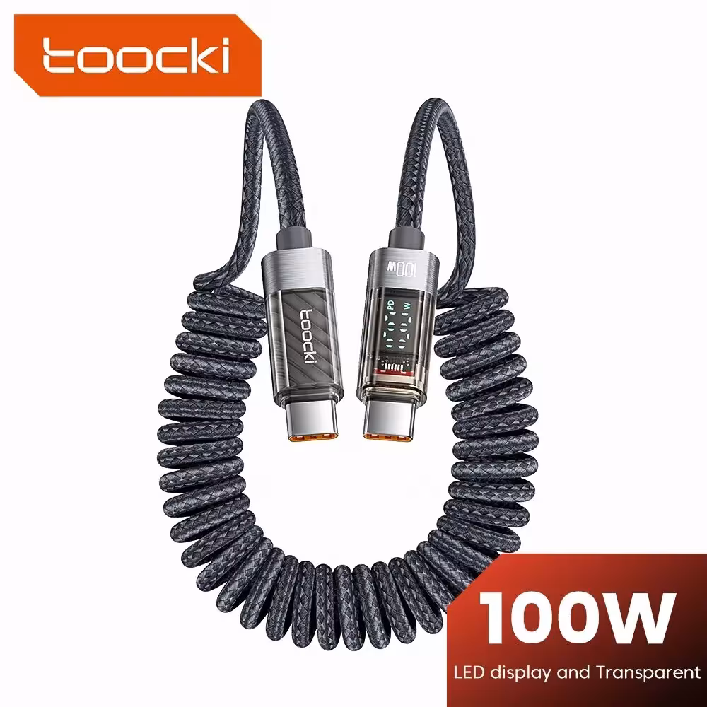 Câble Toocki USB-C vers USB-C 100W avec écran numérique, rétractable, pour une charge rapide