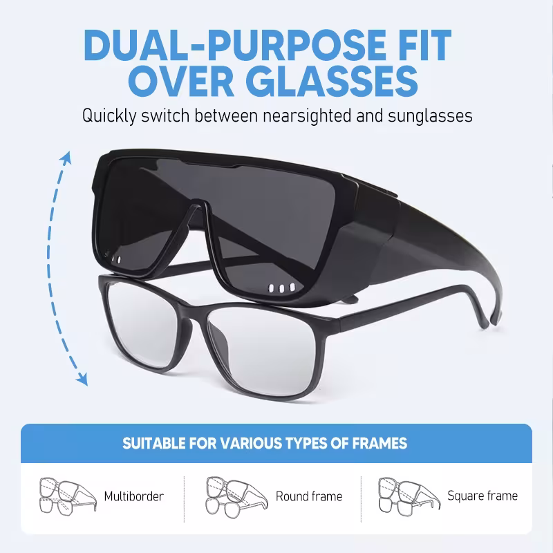 New square polarized photochromic sunglasses that fit over prescription glasses, for men and women, suitable for cycling, fishing, and driving.