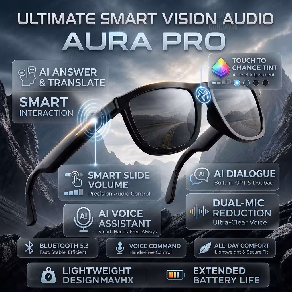 Lunettes intelligentes de 2026 avec changement de couleur tactile, traduction par IA, activation vocale, double microphone, musique Bluetooth et protection IP65.