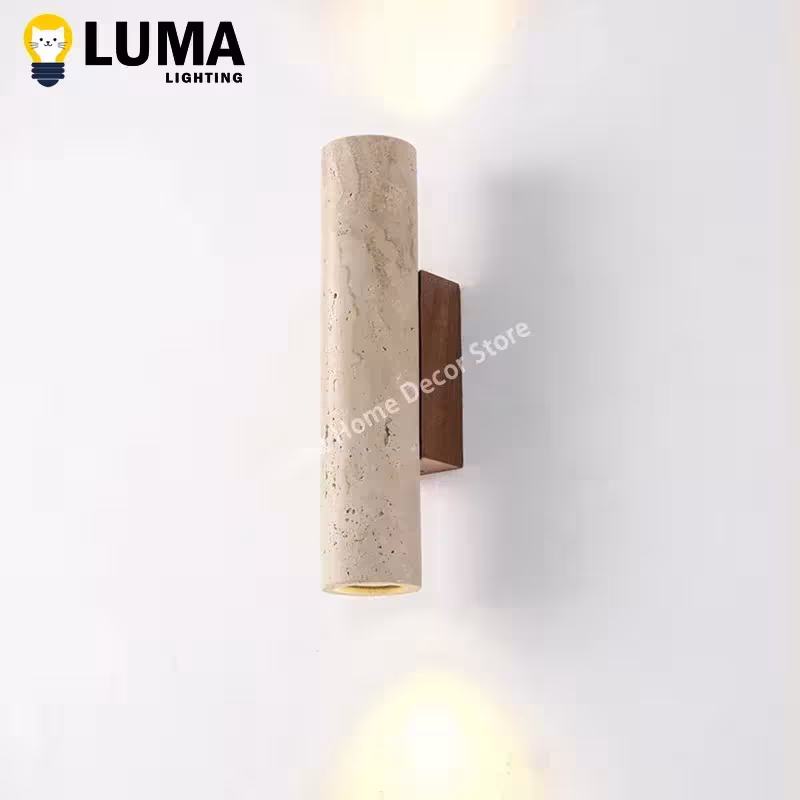 Lámpara de pared estilo Wabi Sabi en travertino amarillo de piedra y madera, para dormitorio, sala de estar y escalera