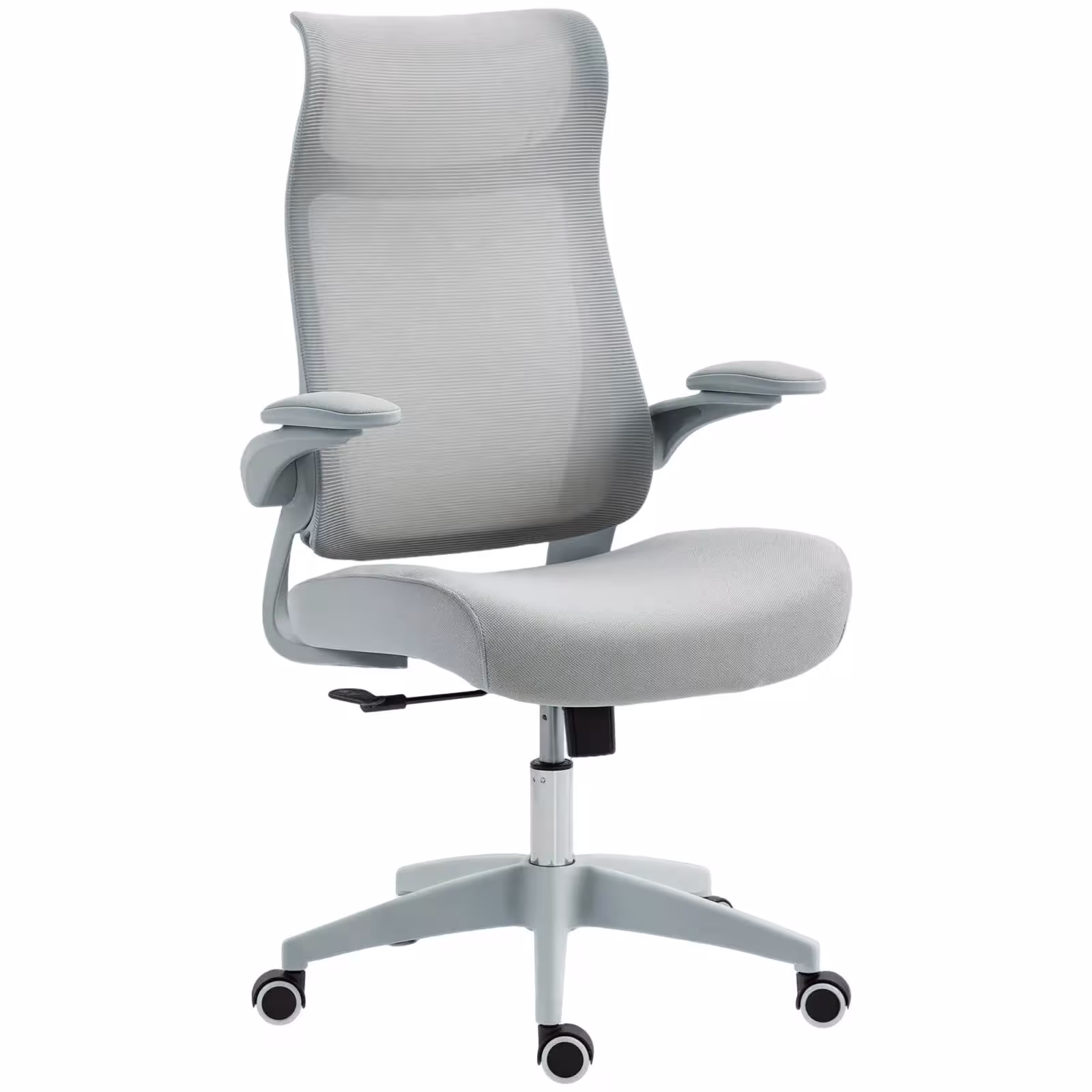 Ergonominė biuro kėdė su tinklo atlošu, juosmens atrama, 3D porankiais, pasvirimo funkcija, 360° sukimasi, 120kg, pilka
