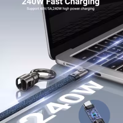 Câble de données USB-C vers USB-C Essager pour charge rapide PD240W, connecteur en alliage de zinc, lanière pour téléphone.