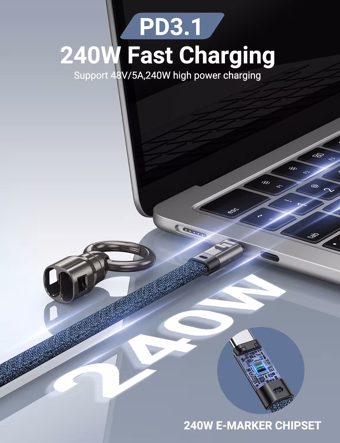 Cable de carga rápida AUFU PD240W USB-C a USB-C, conector de aleación de zinc, correa para teléfono.