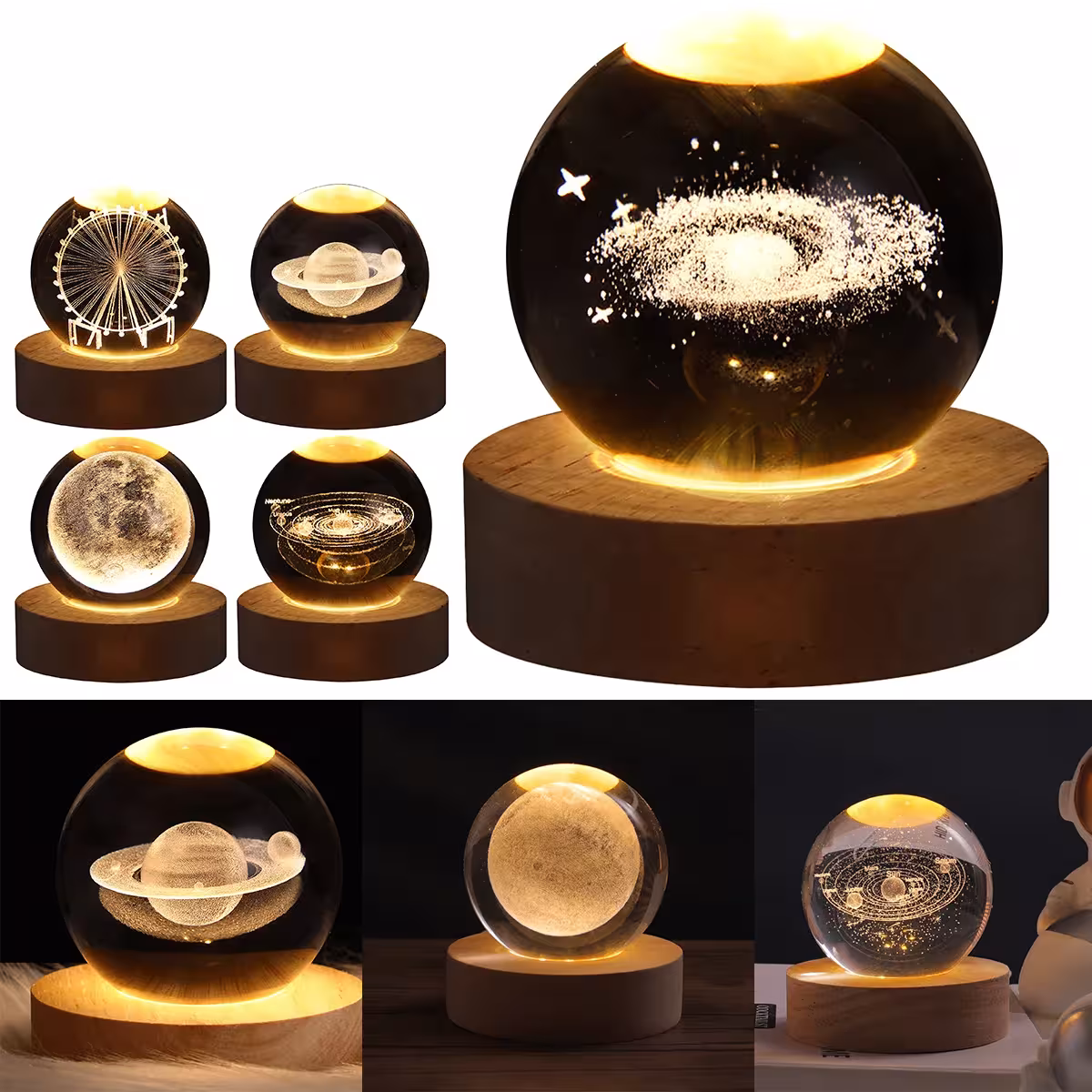 Lampe de nuit à boule en cristal avec motif galactique, éclairage LED, base en bois, USB