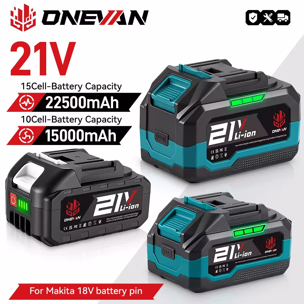 ONEVAN 15000mAh arba 22500mAh įkraunama ličio jonų baterija su indikatoriumi, suderinama su Makita 18V įrankiais