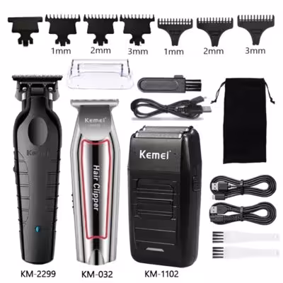 Kemei professional men's hair cutting machine KM-2299 KM-032 KM-1102 with USB charging and combs.