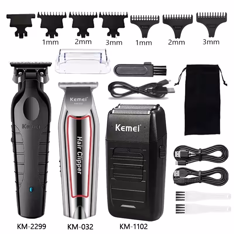 Kemei professional men's hair cutting machine KM-2299 KM-032 KM-1102 with USB charging and combs.