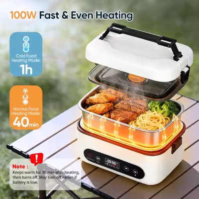 Boîte à déjeuner électrique portable sans fil 100W avec chauffage rapide, capacité de 1.2L et minuterie