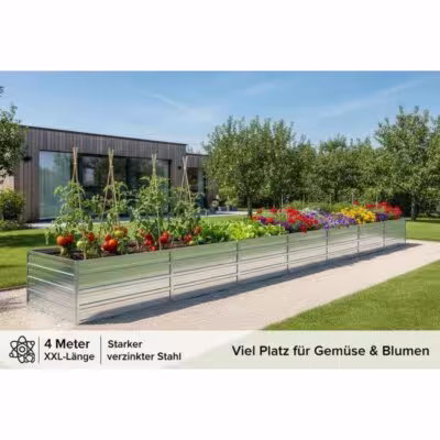 Fioriera da giardino in metallo rialzata per terrazzi, balconi e giardini, con struttura in acciaio zincato di 400x80x45 cm, colore argento