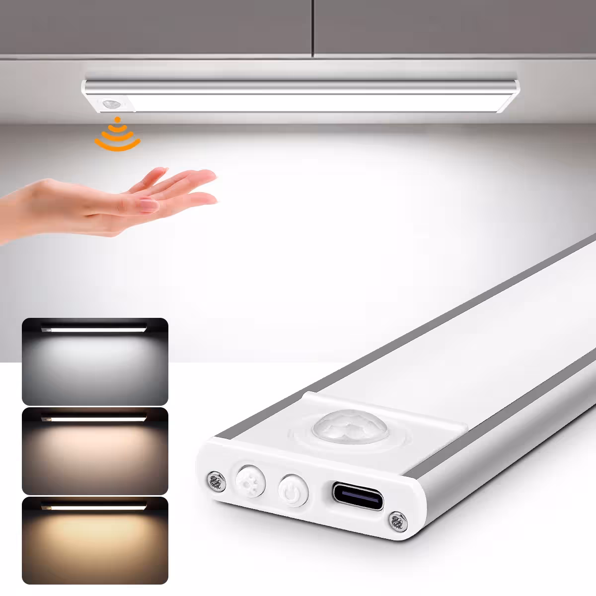 Lampada a LED con sensore di movimento PIR, temperatura colore regolabile, alimentazione USB da 5V, ideale per armadi e cucine