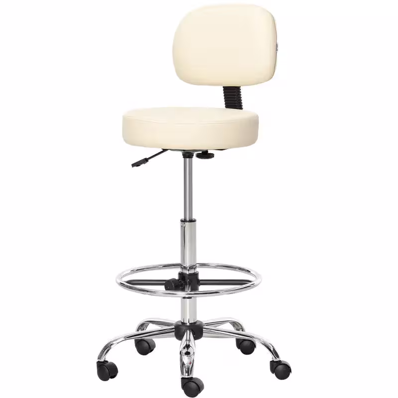 Silla de bar con estructura metálica, respaldo, tapizado en cuero sintético, altura ajustable, reposapiés, giro de 360°, color arena