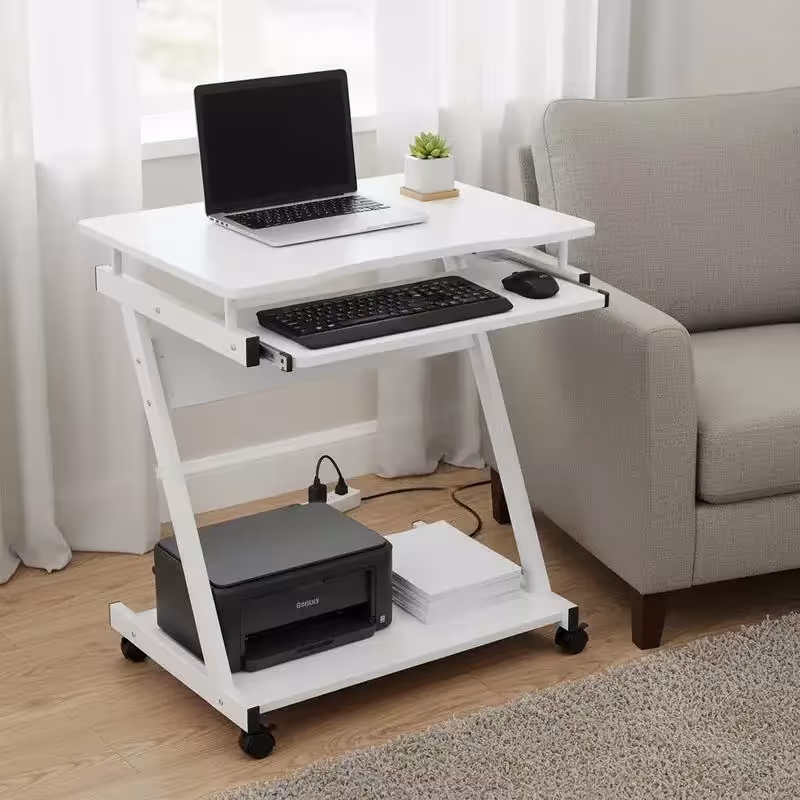 Bureau d'ordinateur mobile avec roulettes, tiroir coulissant pour le clavier et rangement, meuble de bureau compact idéal pour la maison.