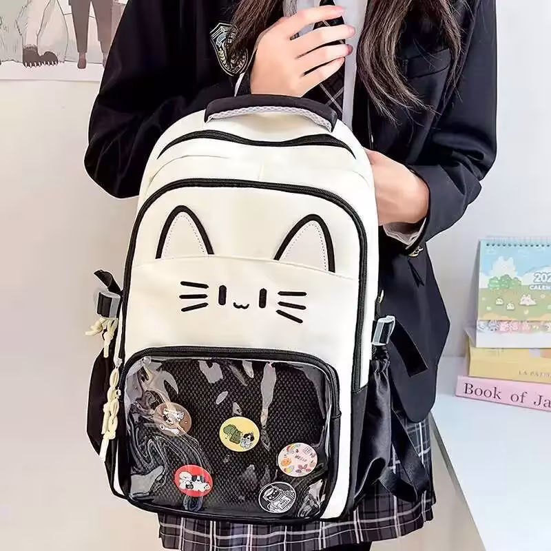 Mochila Y2K de gato Ita con pantalla transparente, mochila escolar diaria espaciosa para niñas