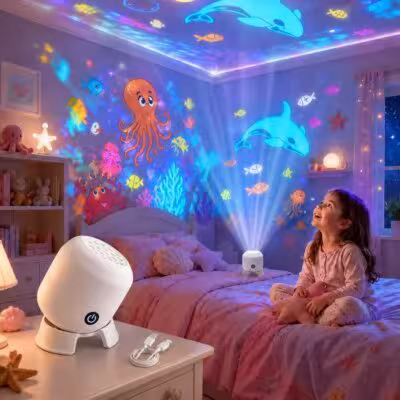 Sukamasis LED projektorius su įkraunama baterija, 360° reguliuojamas ryškumas, dekoratyvus šviestuvas miegamajam