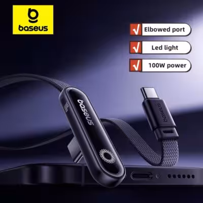 Baseus MVP3 angled 100W USB C cable with LED lighting for iPhone, MacBook, Xiaomi, Samsung
