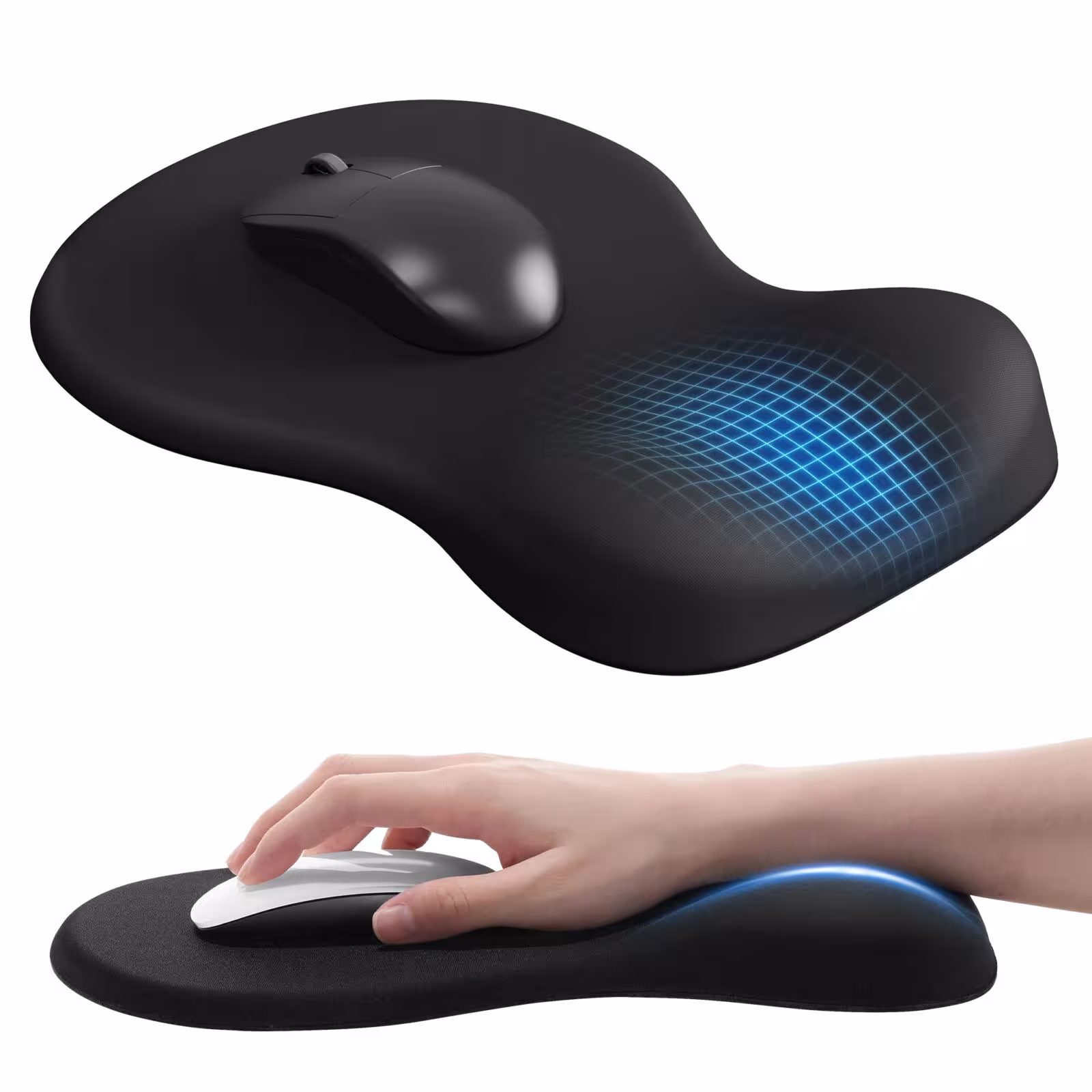 Tappetino per mouse ergonomico con poggiapugno, superficie nera antiscivolo con base rigida, ideale per ufficio e casa