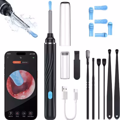 Smart sans fil de nettoyage des oreilles avec caméra HD, éclairage LED, buses en silicone et USB- C charge
