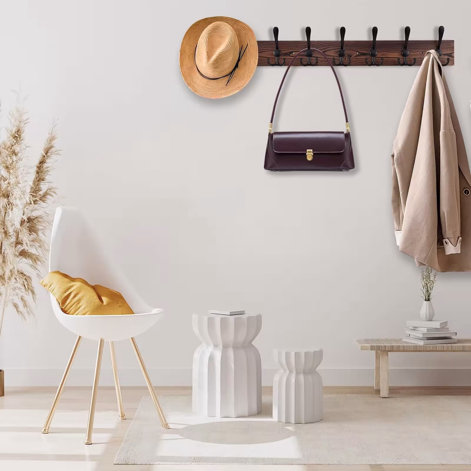 Wall-mounted coat rack with hooks