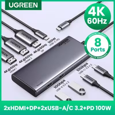 UGREEN USB C Adapter 8-in-1 10Gbps 4K HDMI DP USB3.2 PD 100W Dockingstation für MacBook, PC