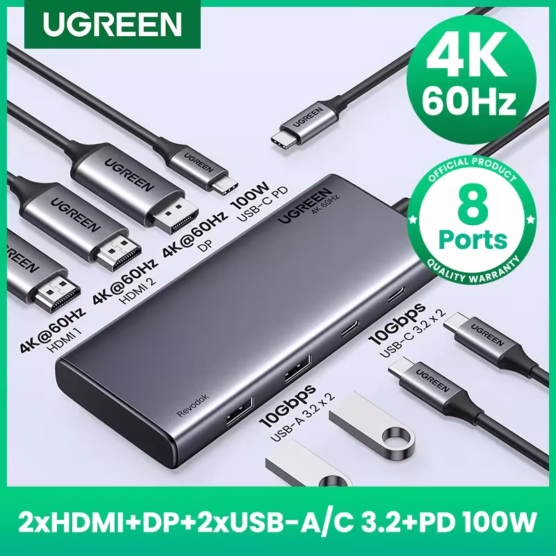 UGREEN Adaptador USB C 8 en 1 10Gbps 4K HDMI DP USB3.2 PD 100W para MacBook, PC