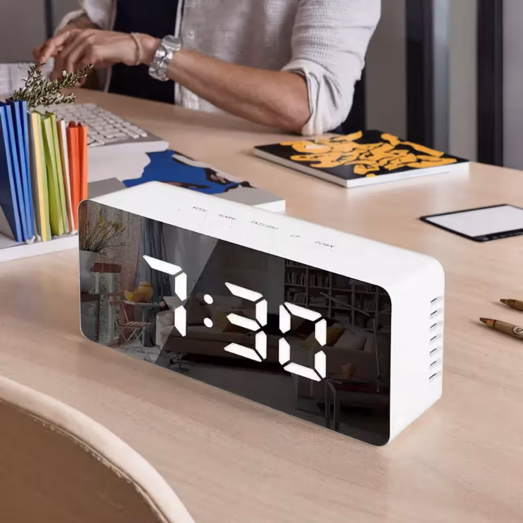 LED digital desk alarm clock with temperature display, radio, and sound sensor for the bedroom and office, suitable for teenagers and children