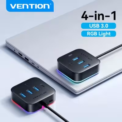 Hub USB Vention con 4 puertos, iluminación RGB, USB-C 3.2 Gen1 5Gbps para ordenador y portátil